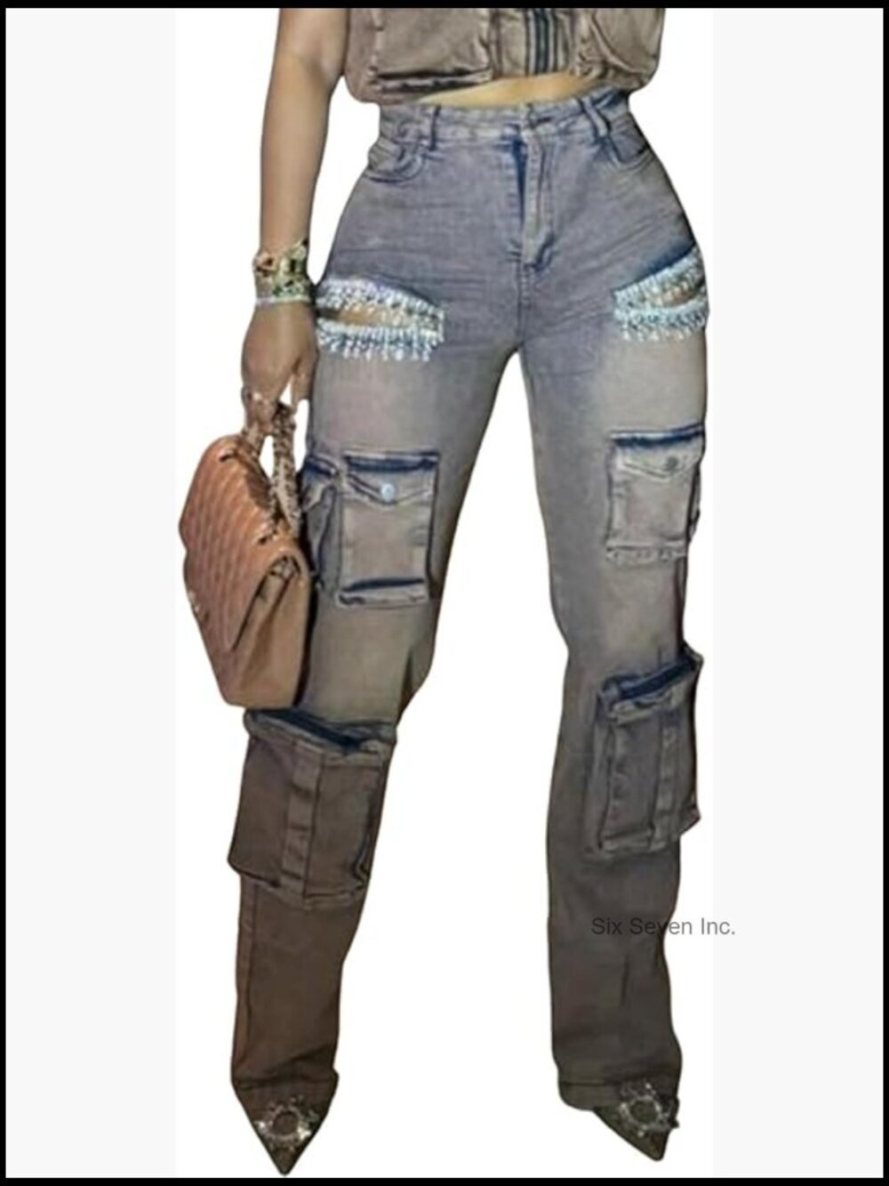 Rhinestone Cargo Jeans High Waisted Baggy Sexy Cut Out Ripped Distressed